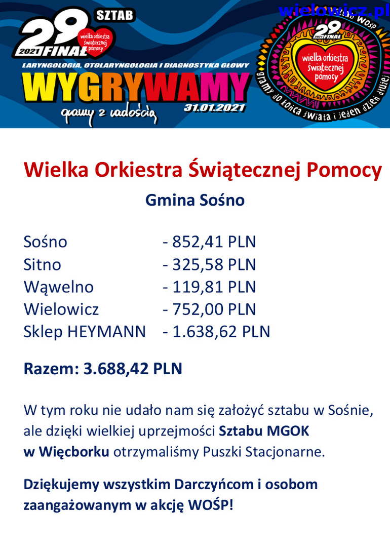 Plakat i formujący o zbiórce pieniędzy do puszek na terenie gminy Sośno