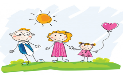 Rysunek przedstawiający rodziców z dzieckiem trzymający się za ręce, dziewczynka w drugiej rączce trzyma balon na sznurku